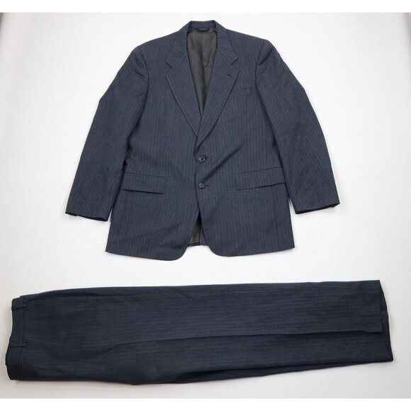 Vtg 70s Streetwear Mens 40R Distressed Wool Herringbone 2 Piece Suit Blue USA 36